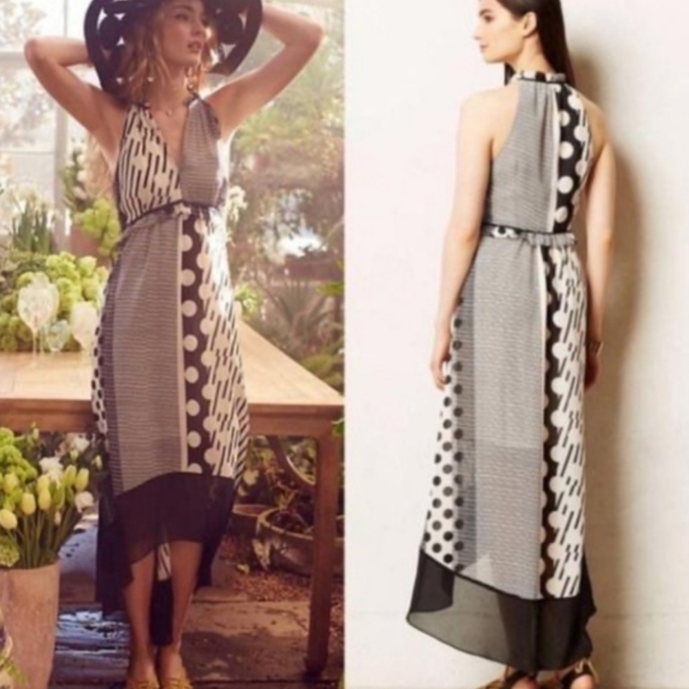 Maeve Polka Dot Black High-Low Maxi Dress Size 6